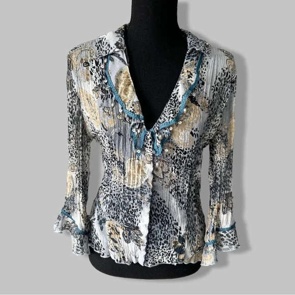 Funsport Animal Print  Sequins Ruffles Blouse - Picture 1 of 13